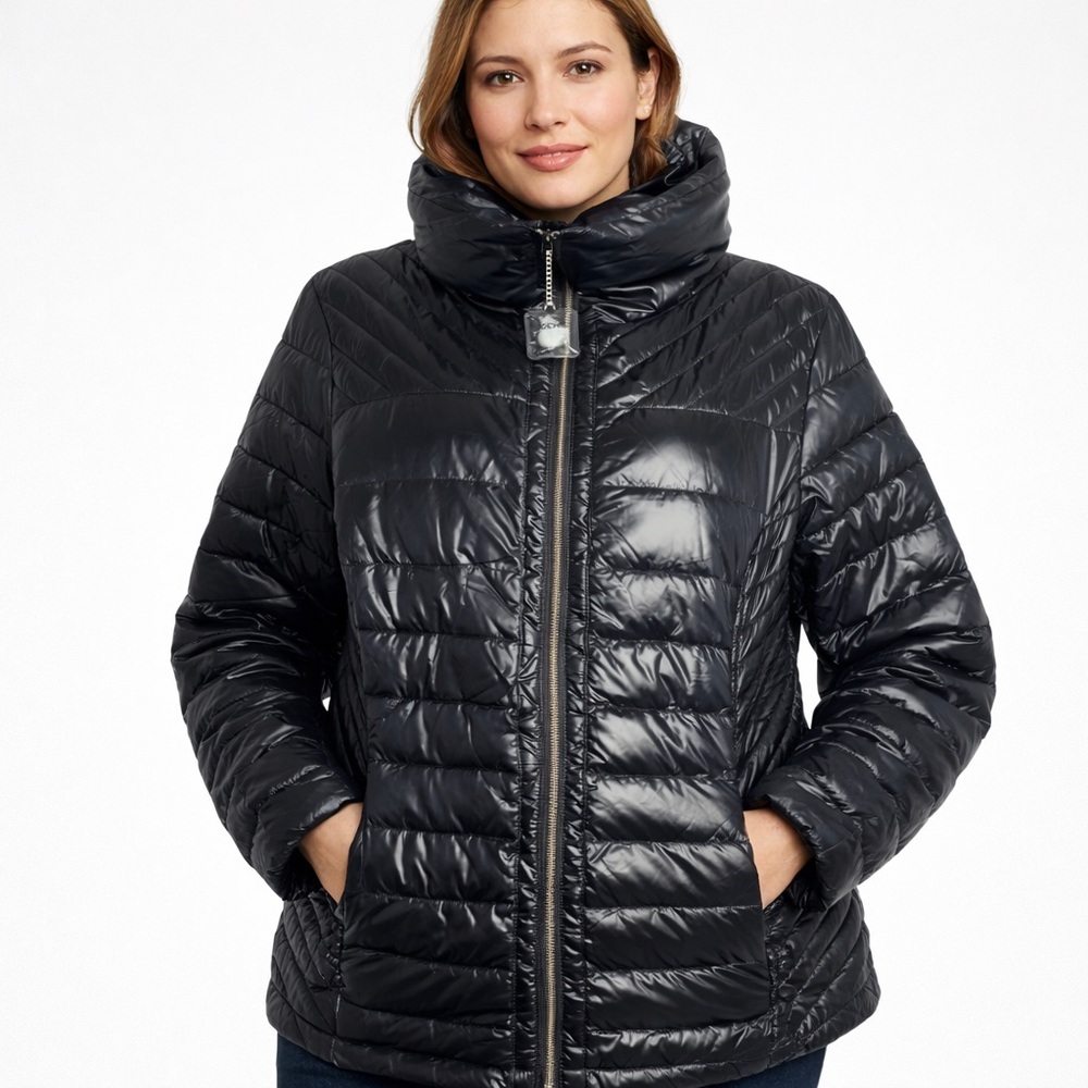 NWT Big Chill Women’s Shiny Black Puffer Tall Collar Jacket Size M